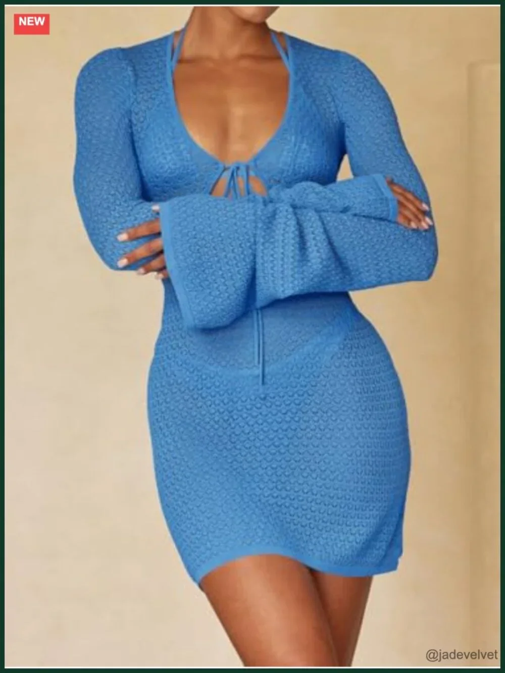 Crochet Swimsuit Cover Up Long Bell Sleeve V Neck Tie Mesh Knit Beach Dress